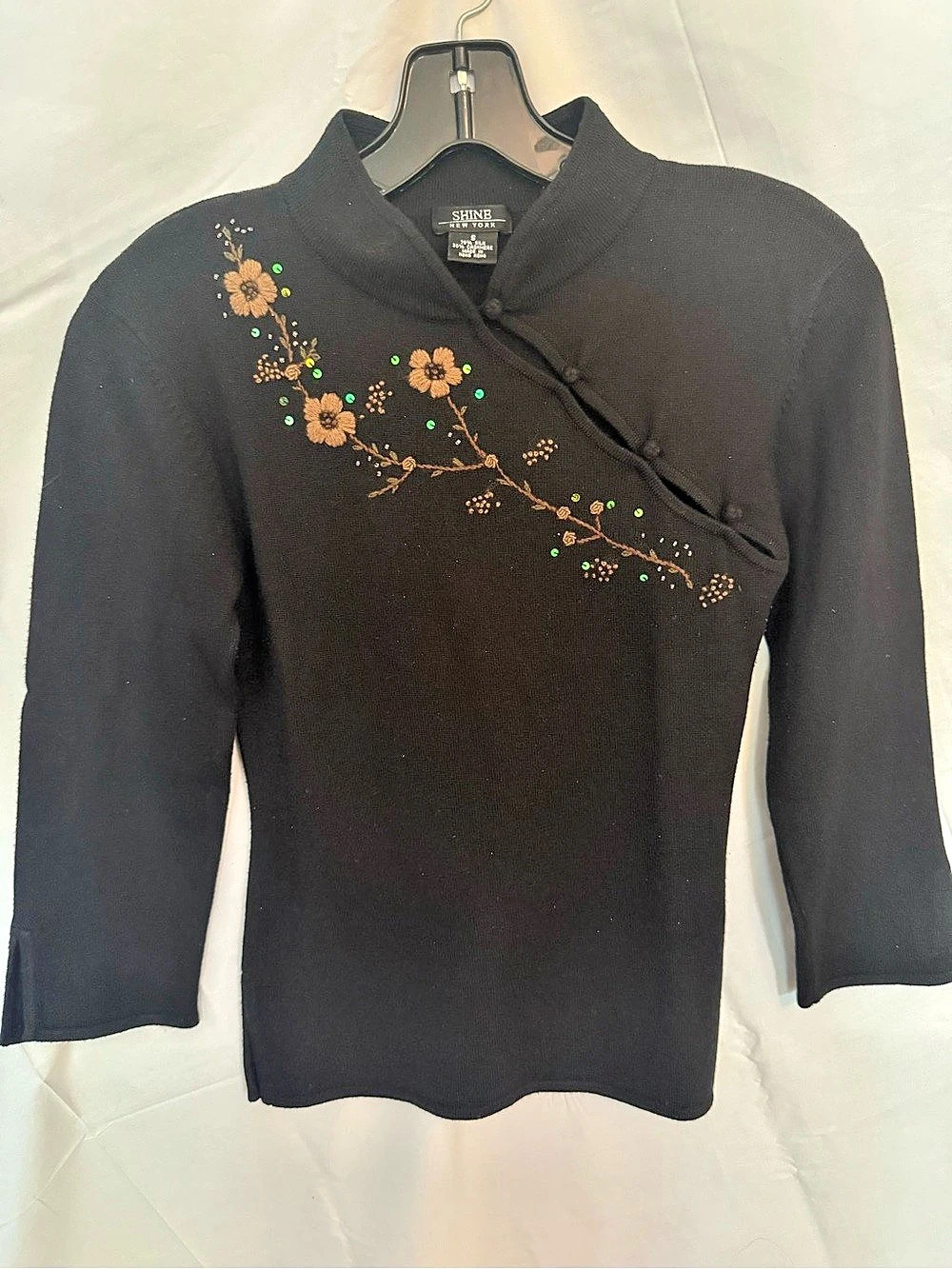 VTG Shine New York Cashmere Silk Embroidered Mandarin Sweater Size Small